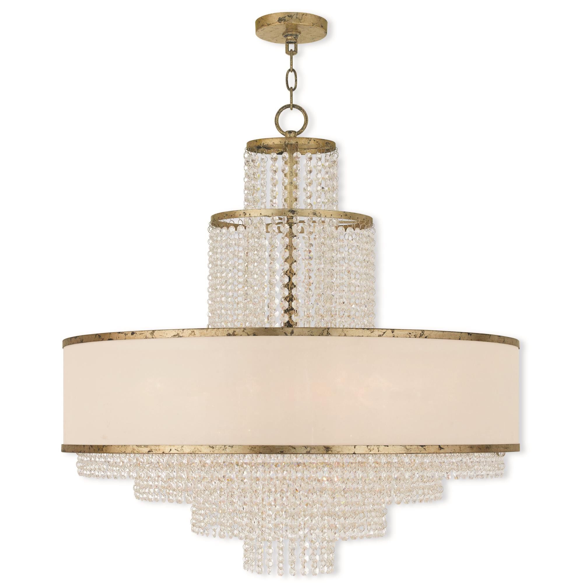 Shown in Hand Applied Winter Gold finish and Clear crystal and Off-White Sheer Organza shade